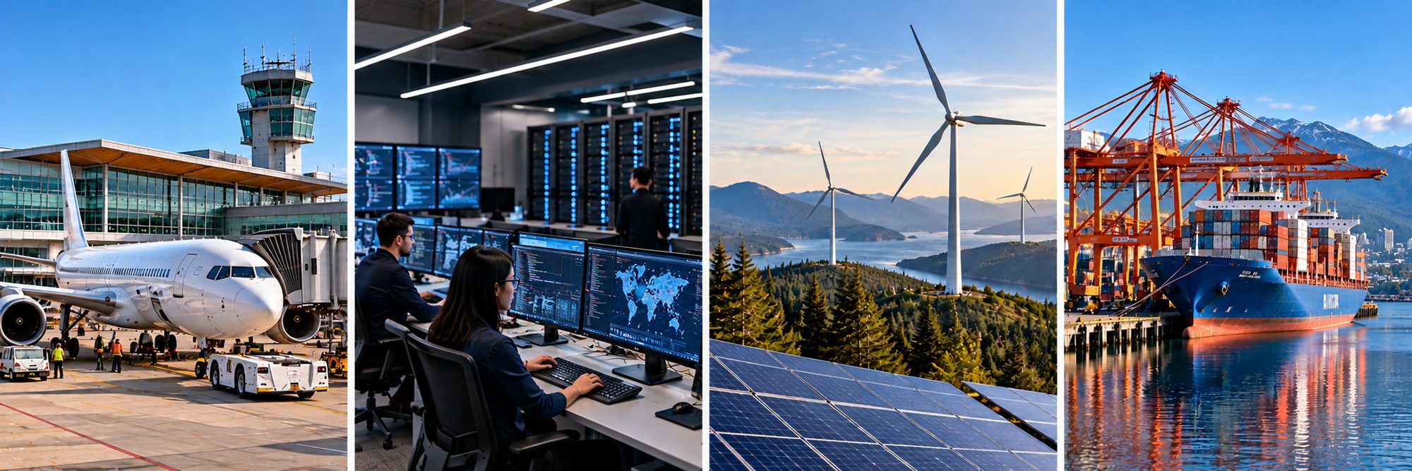 Montage d&rsquo;industries de la c&ocirc;te du Pacifique&nbsp;: un terminal d&rsquo;a&eacute;roport, un centre d&rsquo;op&eacute;rations technologiques, de l&rsquo;&eacute;nergie &eacute;olienne et solaire, et un port &agrave; conteneurs
