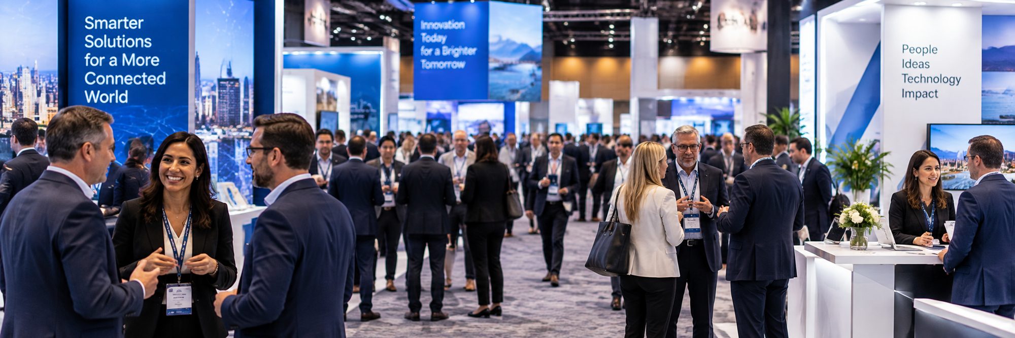 Des dirigeants r&eacute;seautent dans une salle d&rsquo;exposition achaland&eacute;e consacr&eacute;e &agrave; l&rsquo;innovation, bord&eacute;e de kiosques d&rsquo;exposants